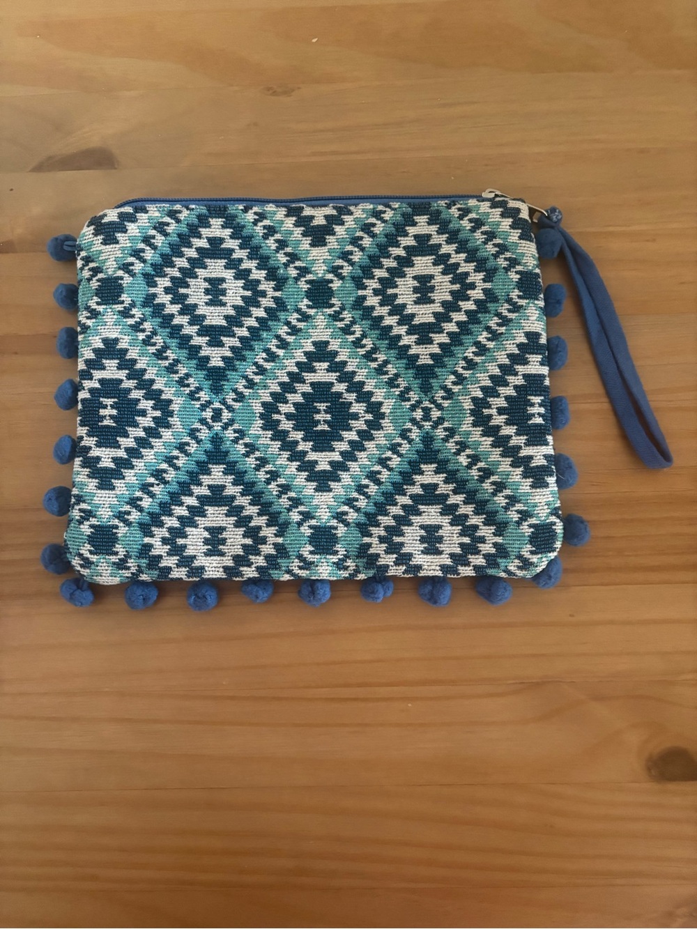 America & Beyond Pompom Woven Geometric Pom-Pom Wristlet Pouch in Blue